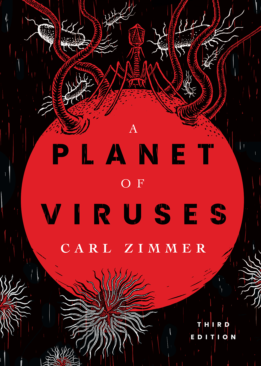 cover of book A PLanet Of Viruses - shows a virus infecting a cell; the title is encased in a red circle that is acting as the cell in this case