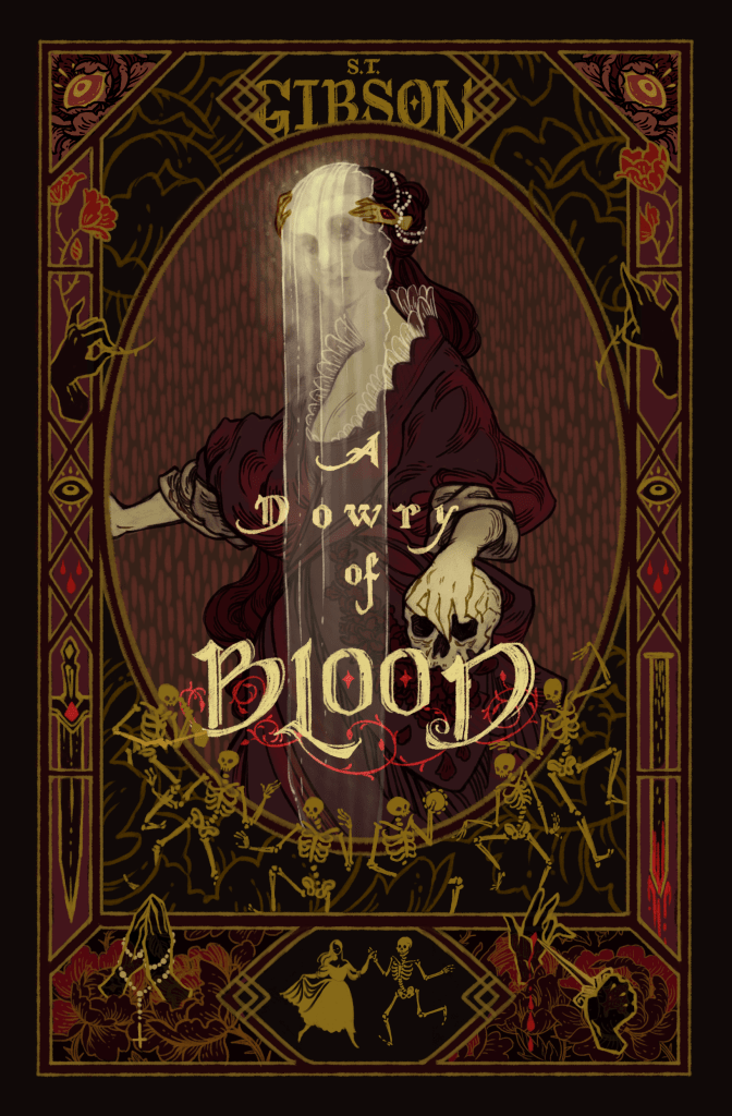 illustrated cover of a dowry of blood - a woman in a frame wearing a red dress with a white veil holding a skull. Mini Skeletons surround her frame
