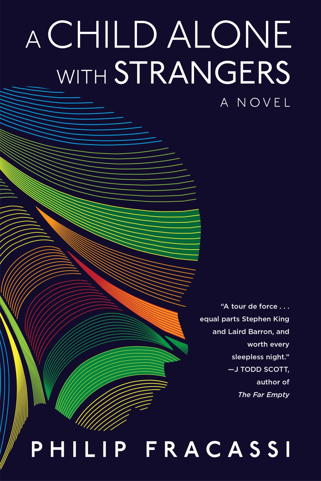 Cover of book - A child alone with strangers. Features the outline of a childs head with many colours making up the interior pattern.